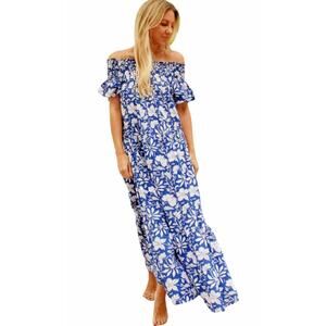Guadalupe Blue Floral Off-the-Shoulder Maxi Dress Blue & White